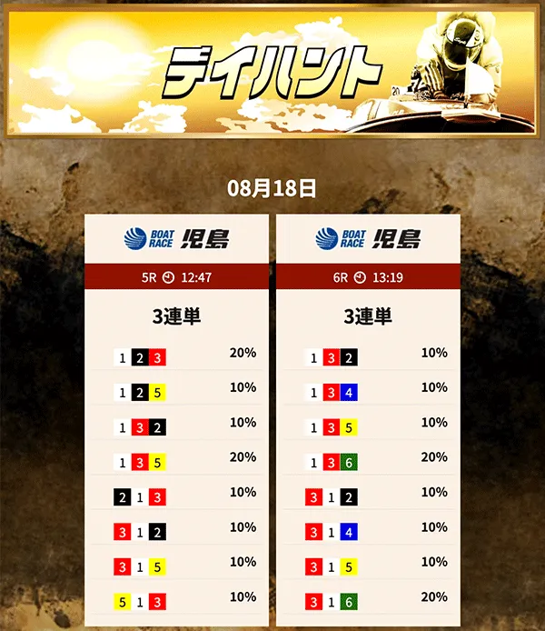 競艇トレジャーハンター(Kyoutei treasure hunter) 優良競艇予想サイト・悪徳競艇予想サイトの口コミ検証や無料情報の予想結果も公開中 2025年8月18日 デイハント買い目