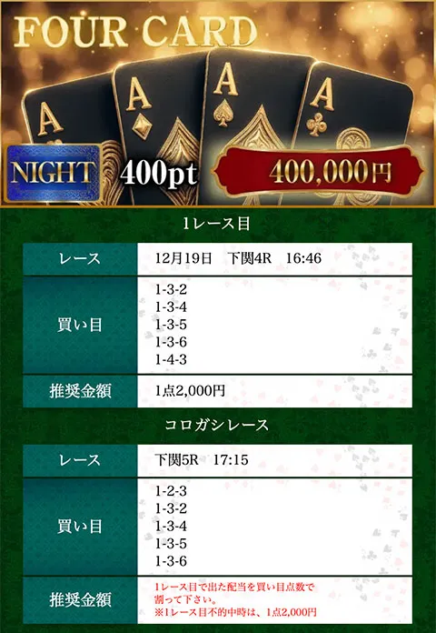 ボートリオ(BOAT RIO) 優良競艇予想サイト・悪徳競艇予想サイトの口コミ検証や無料情報の予想結果も公開中 2025年12月19日 FOUR CARDナイト買い目