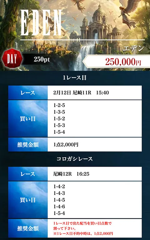 ボートファンタジー(BOAT FANTASY) 優良競艇予想サイト・悪徳競艇予想サイトの口コミ検証や無料情報の予想結果も公開中 2026年2月12日 エデンデイ(EDEN DAY)デイ買い目